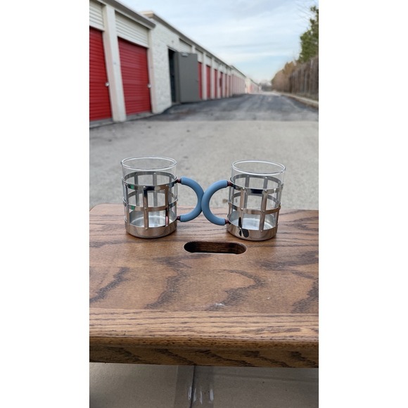 Alessi 18/10 Stainless Glass Mug Cup Set of 2 Blue Handles Italy - Picture 3 of 8